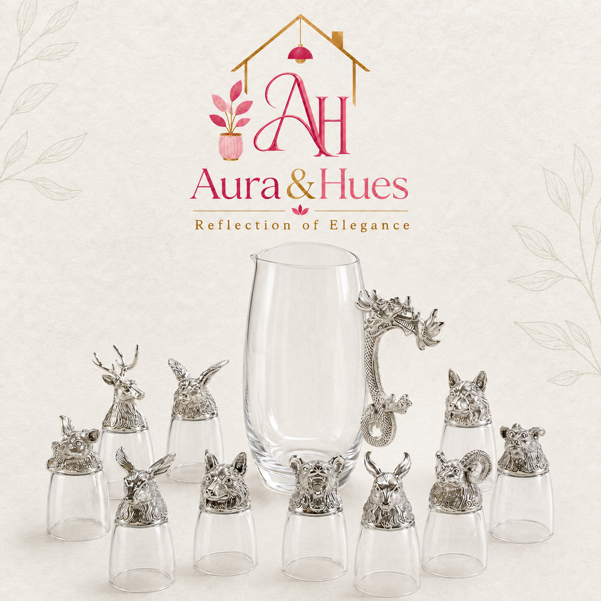 Aura & Hues Elegant Silver Shot Glasses Set with Serving Jar Decanter and Display Caddy for Luxury Entertaining and Barware Decor