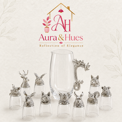 Aura & Hues Elegant Silver Shot Glasses Set with Serving Jar Decanter and Display Caddy for Luxury Entertaining and Barware Decor