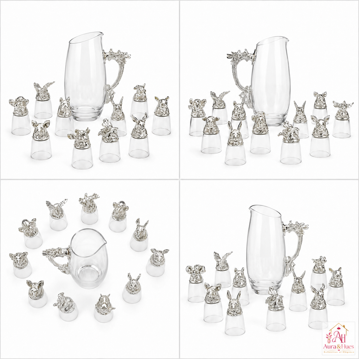 Aura & Hues Elegant Silver Shot Glasses Set with Serving Jar Decanter and Display Caddy for Luxury Entertaining and Barware Decor