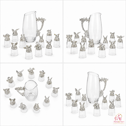 Aura & Hues Elegant Silver Shot Glasses Set with Serving Jar Decanter and Display Caddy for Luxury Entertaining and Barware Decor