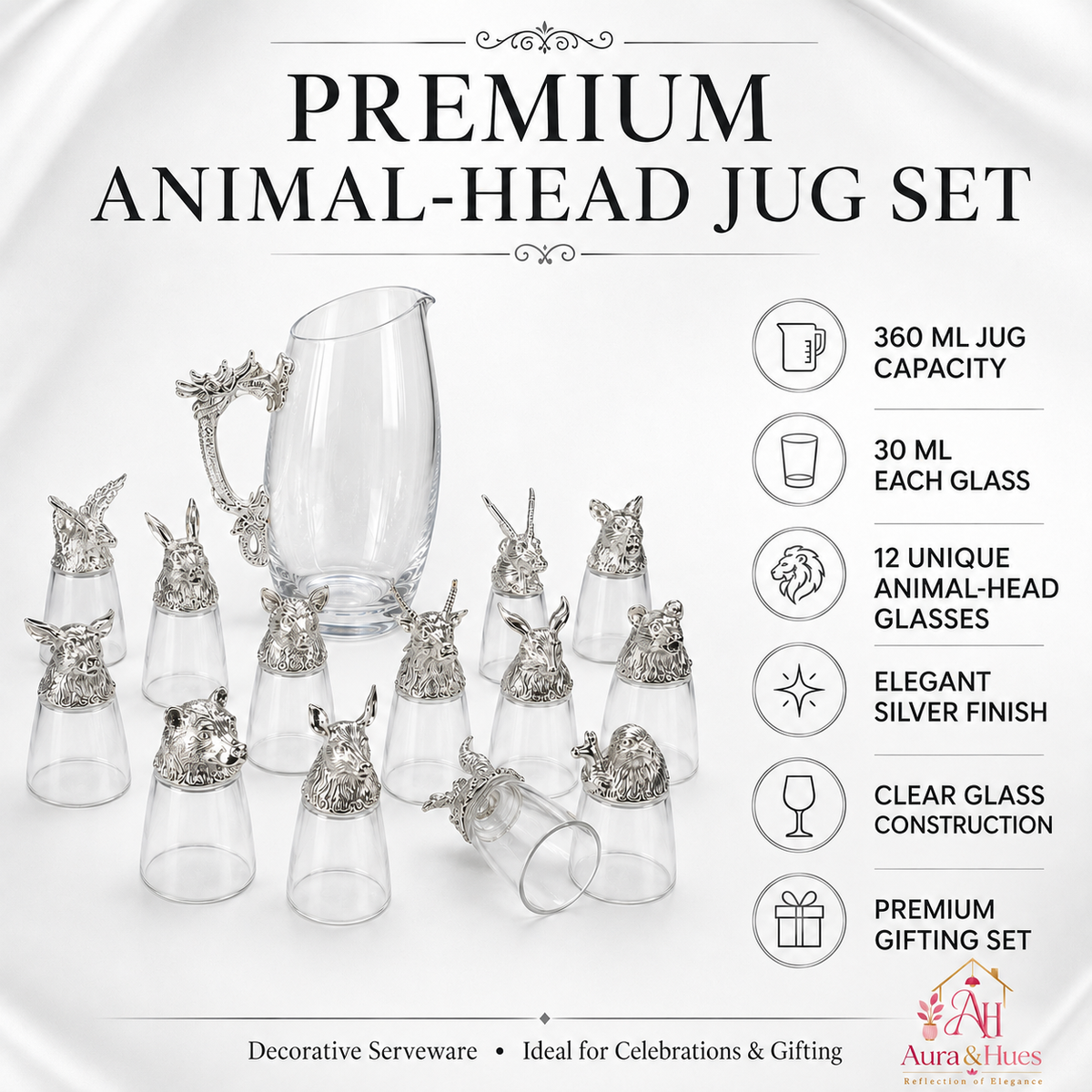 Aura & Hues Elegant Silver Shot Glasses Set with Serving Jar Decanter and Display Caddy for Luxury Entertaining and Barware Decor