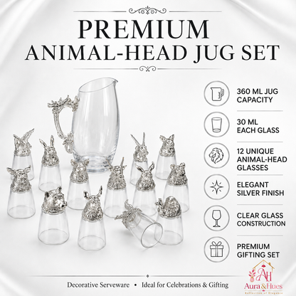 Aura & Hues Elegant Silver Shot Glasses Set with Serving Jar Decanter and Display Caddy for Luxury Entertaining and Barware Decor