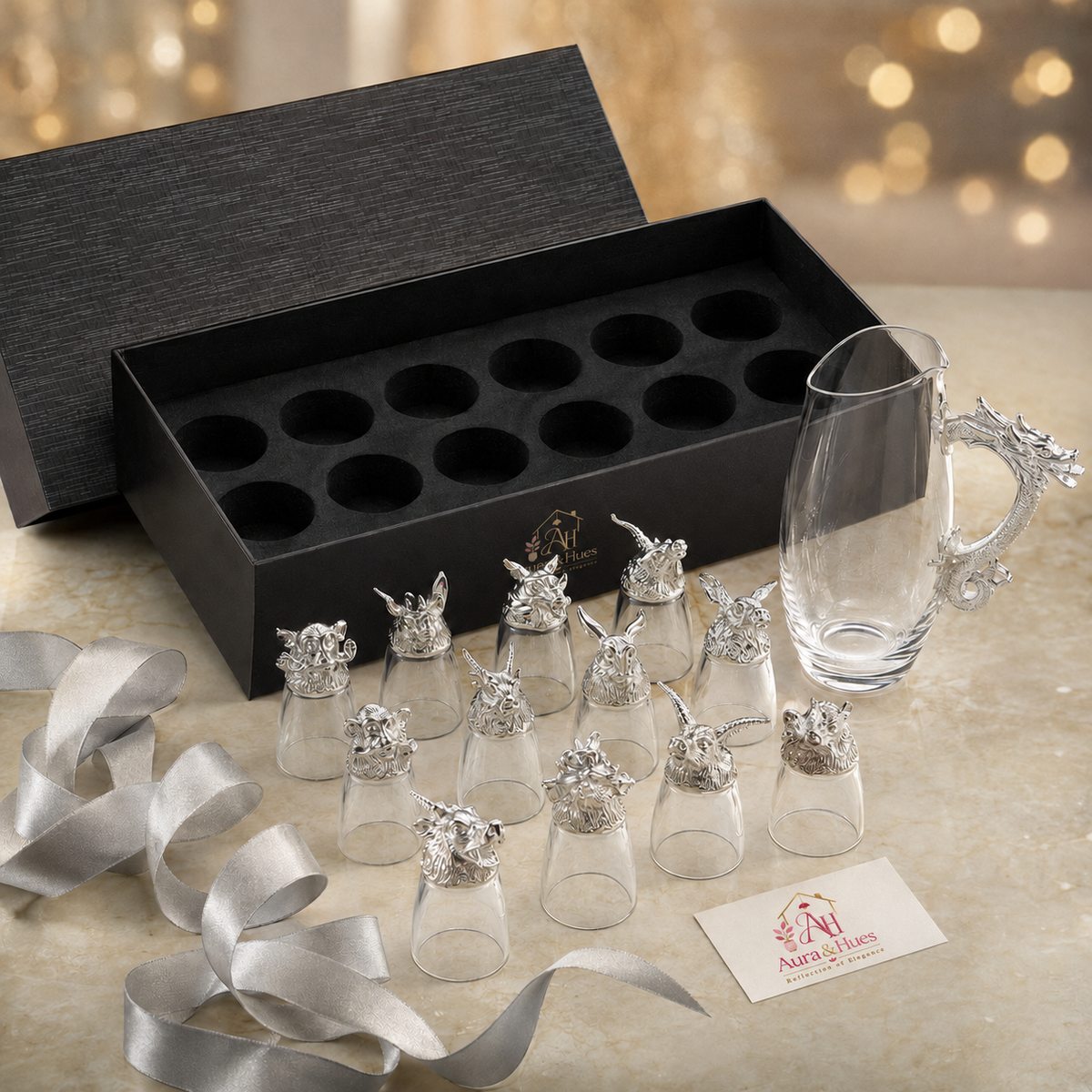 Aura & Hues Elegant Silver Shot Glasses Set with Serving Jar Decanter and Display Caddy for Luxury Entertaining and Barware Decor