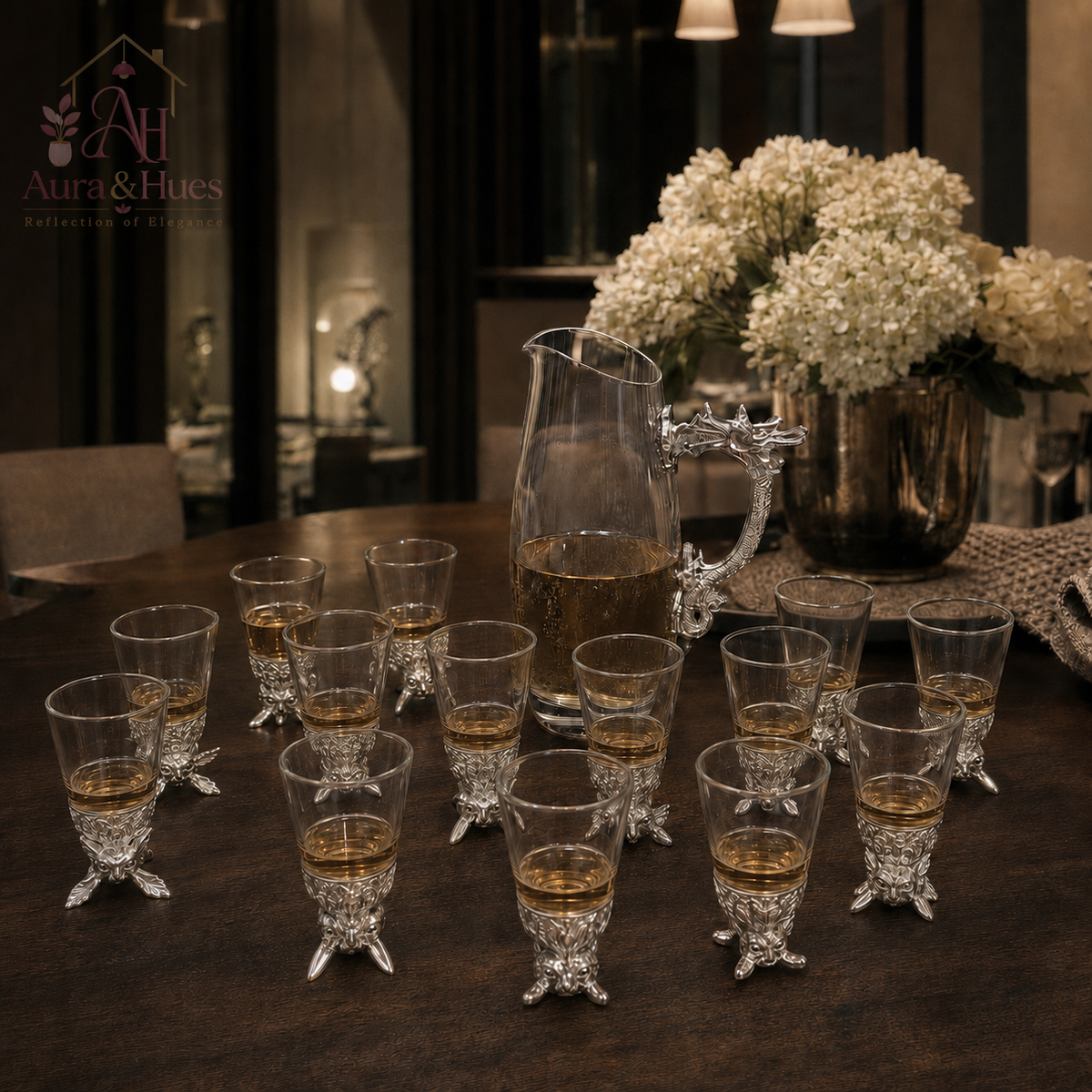 Aura & Hues Elegant Silver Shot Glasses Set with Serving Jar Decanter and Display Caddy for Luxury Entertaining and Barware Decor