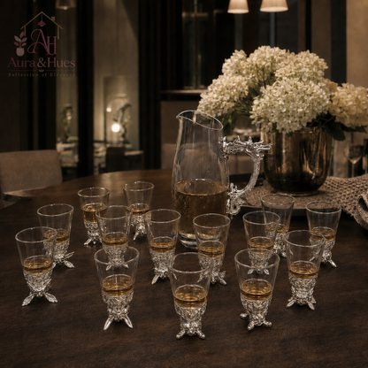 Aura & Hues Elegant Silver Shot Glasses Set with Serving Jar Decanter and Display Caddy for Luxury Entertaining and Barware Decor
