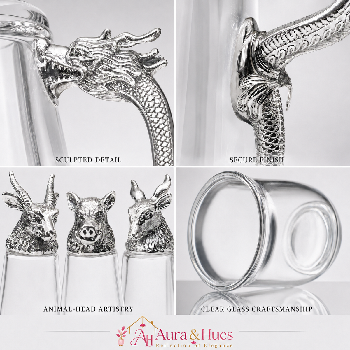 Aura & Hues Elegant Silver Shot Glasses Set with Serving Jar Decanter and Display Caddy for Luxury Entertaining and Barware Decor