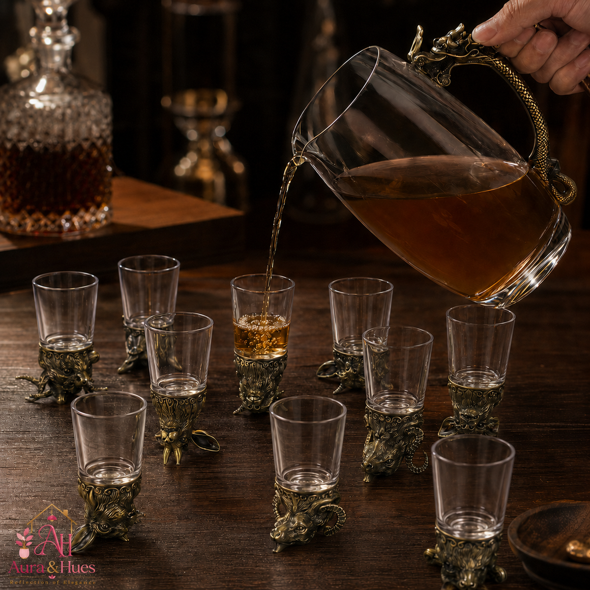 Aura & Hues Royal Antique Golden Shot Glasses Set with Serving Jar Decanter and Display Stand for Luxury Barware and Gifting