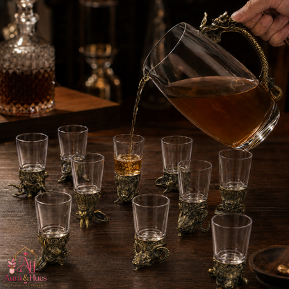 Aura & Hues Royal Antique Golden Shot Glasses Set with Serving Jar Decanter and Display Stand for Luxury Barware and Gifting