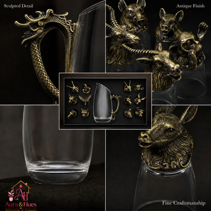 Aura & Hues Royal Antique Golden Shot Glasses Set with Serving Jar Decanter and Display Stand for Luxury Barware and Gifting