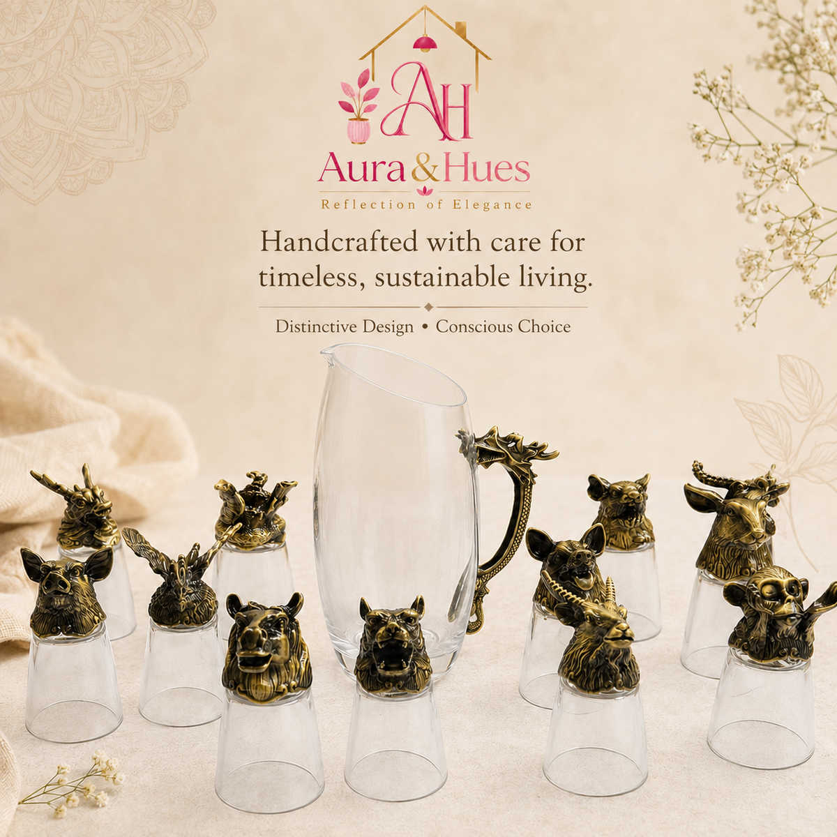 Aura & Hues Royal Antique Golden Shot Glasses Set with Serving Jar Decanter and Display Stand for Luxury Barware and Gifting