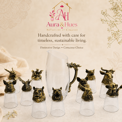 Aura & Hues Royal Antique Golden Shot Glasses Set with Serving Jar Decanter and Display Stand for Luxury Barware and Gifting