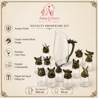 Aura & Hues Royal Antique Golden Shot Glasses Set with Serving Jar Decanter and Display Stand for Luxury Barware and Gifting