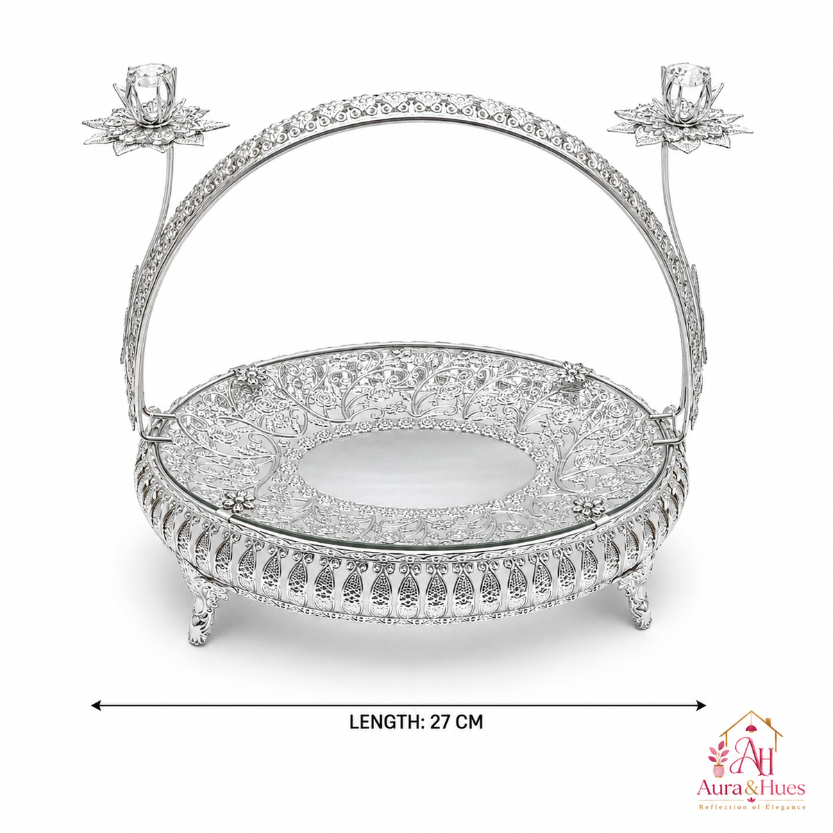 Aura & Hues Elegant Silver Oval Metal Decorative Vanity Serving Tray with Intricate Border for Home Decor & Gifting
