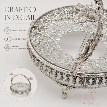 Aura & Hues Elegant Silver Oval Metal Decorative Vanity Serving Tray with Intricate Border for Home Decor & Gifting