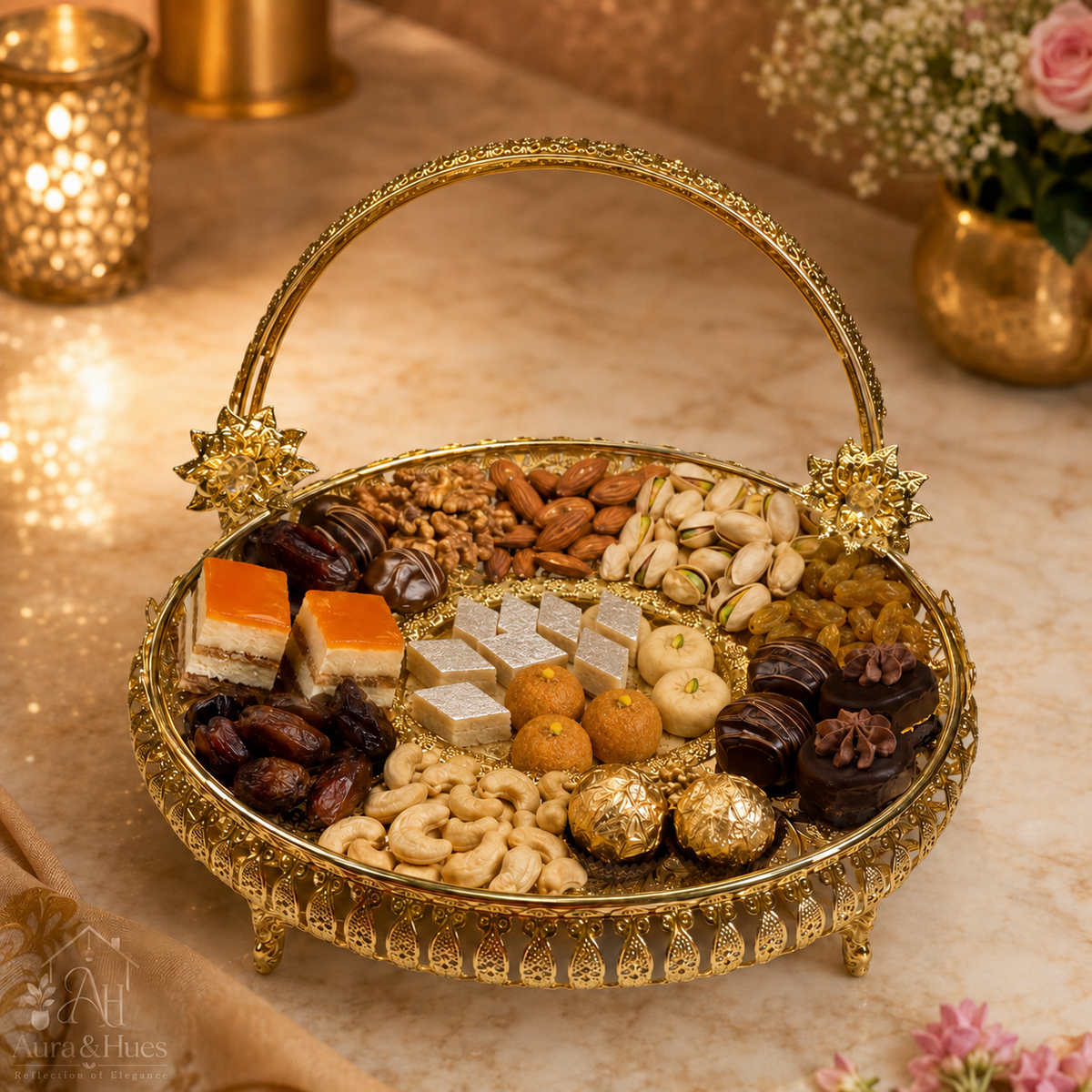 Aura & Hues Royal Golden Oval Metal Decorative Vanity Serving Tray with Embossed Rim for Dining Table and Living Room