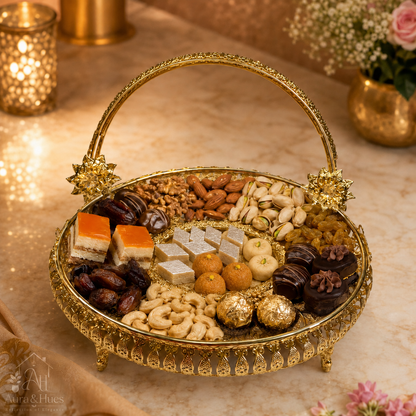Aura & Hues Royal Golden Oval Metal Decorative Vanity Serving Tray with Embossed Rim for Dining Table and Living Room
