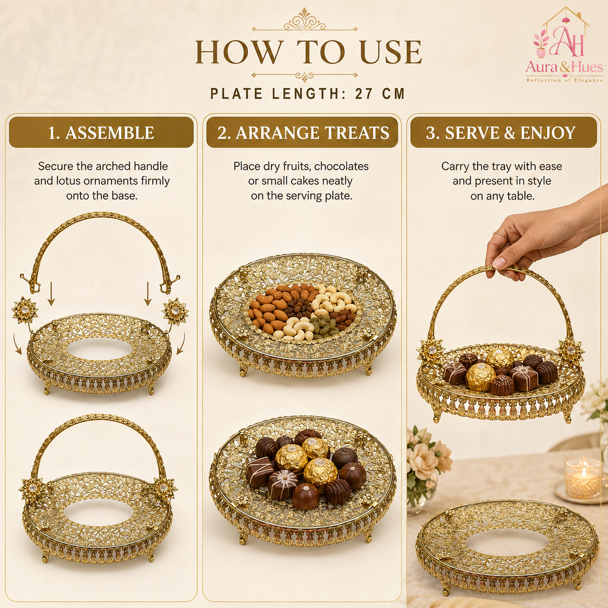 Aura & Hues Royal Golden Oval Metal Decorative Vanity Serving Tray with Embossed Rim for Dining Table and Living Room