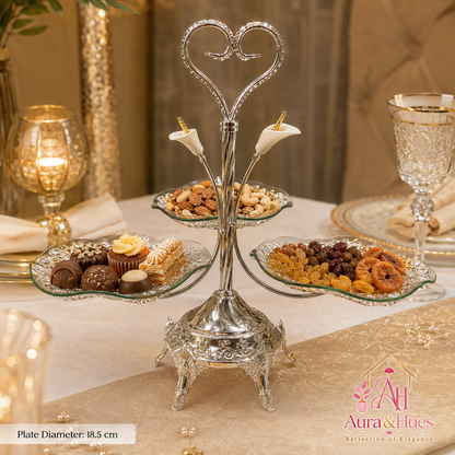 Aura & Hues Premium Silver Decorative Nesting Serving Trays Set of 3 Handcrafted Elegant Platters for Kitchen and Buffet