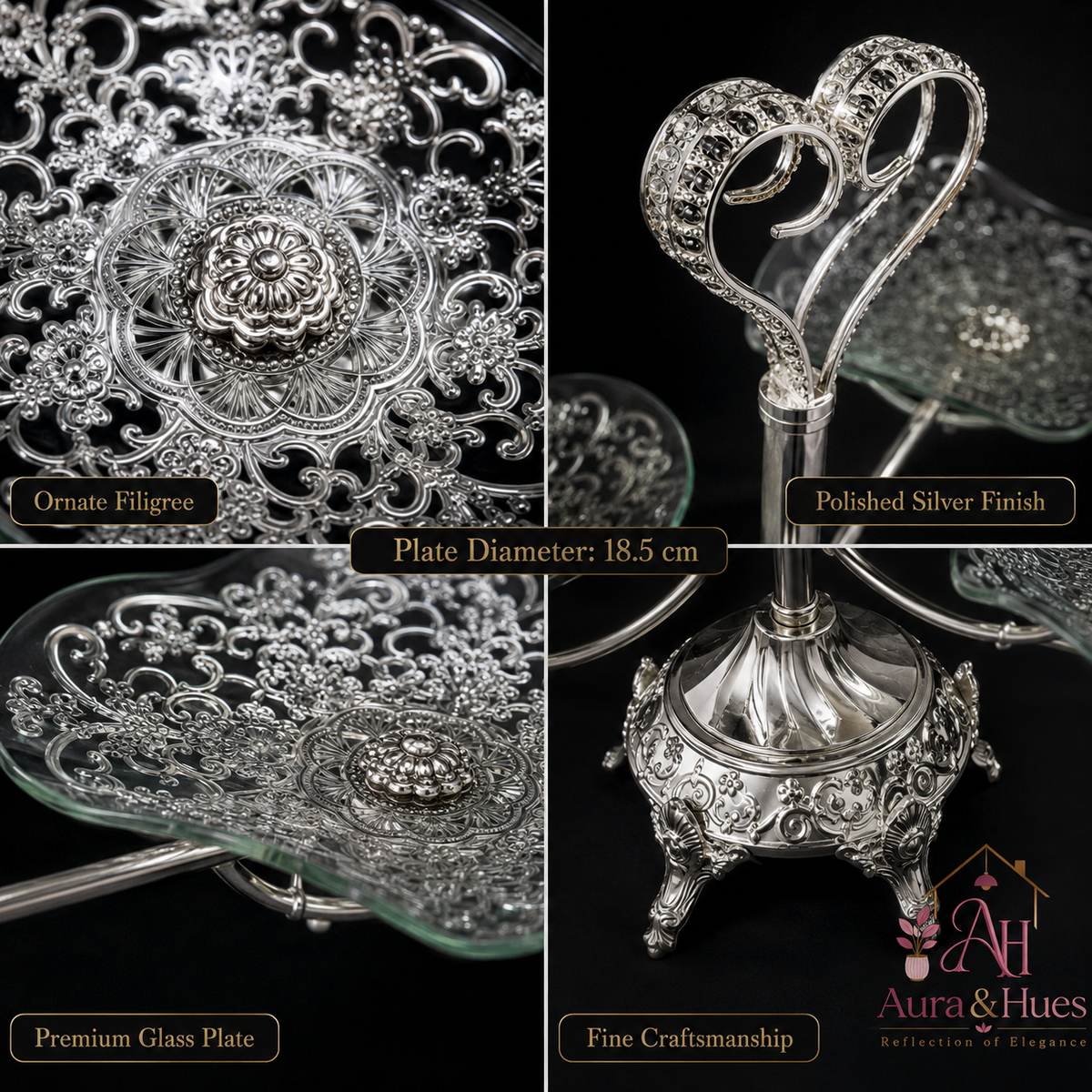 Aura & Hues Premium Silver Decorative Nesting Serving Trays Set of 3 Handcrafted Elegant Platters for Kitchen and Buffet