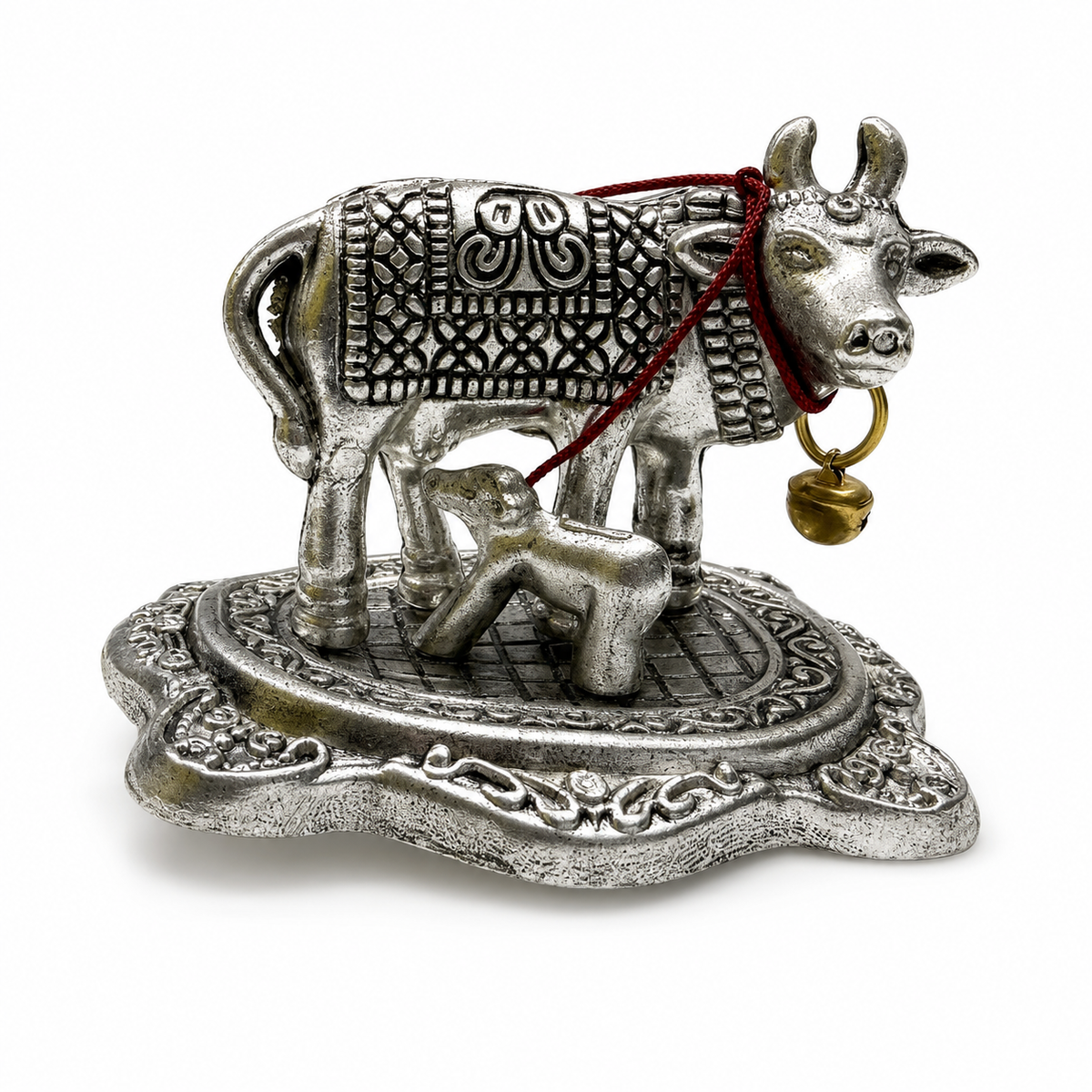 Aura & Hues Handcrafted Miniature Sacred Cow Figurine Brass Kamdhenu Idol for Home Temple Mandir and Spiritual Office Decor