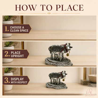 Aura & Hues Handcrafted Miniature Sacred Cow Figurine Brass Kamdhenu Idol for Home Temple Mandir and Spiritual Office Decor