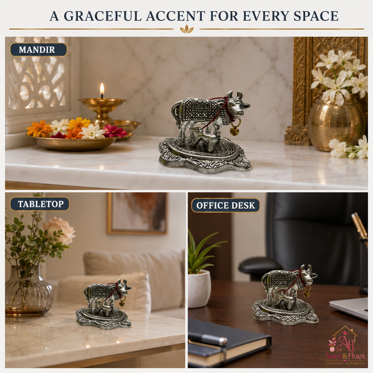 Aura & Hues Handcrafted Miniature Sacred Cow Figurine Brass Kamdhenu Idol for Home Temple Mandir and Spiritual Office Decor