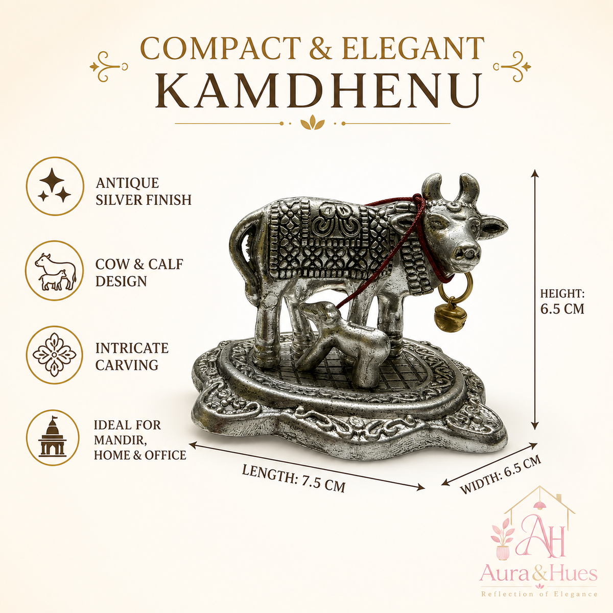 Aura & Hues Handcrafted Miniature Sacred Cow Figurine Brass Kamdhenu Idol for Home Temple Mandir and Spiritual Office Decor