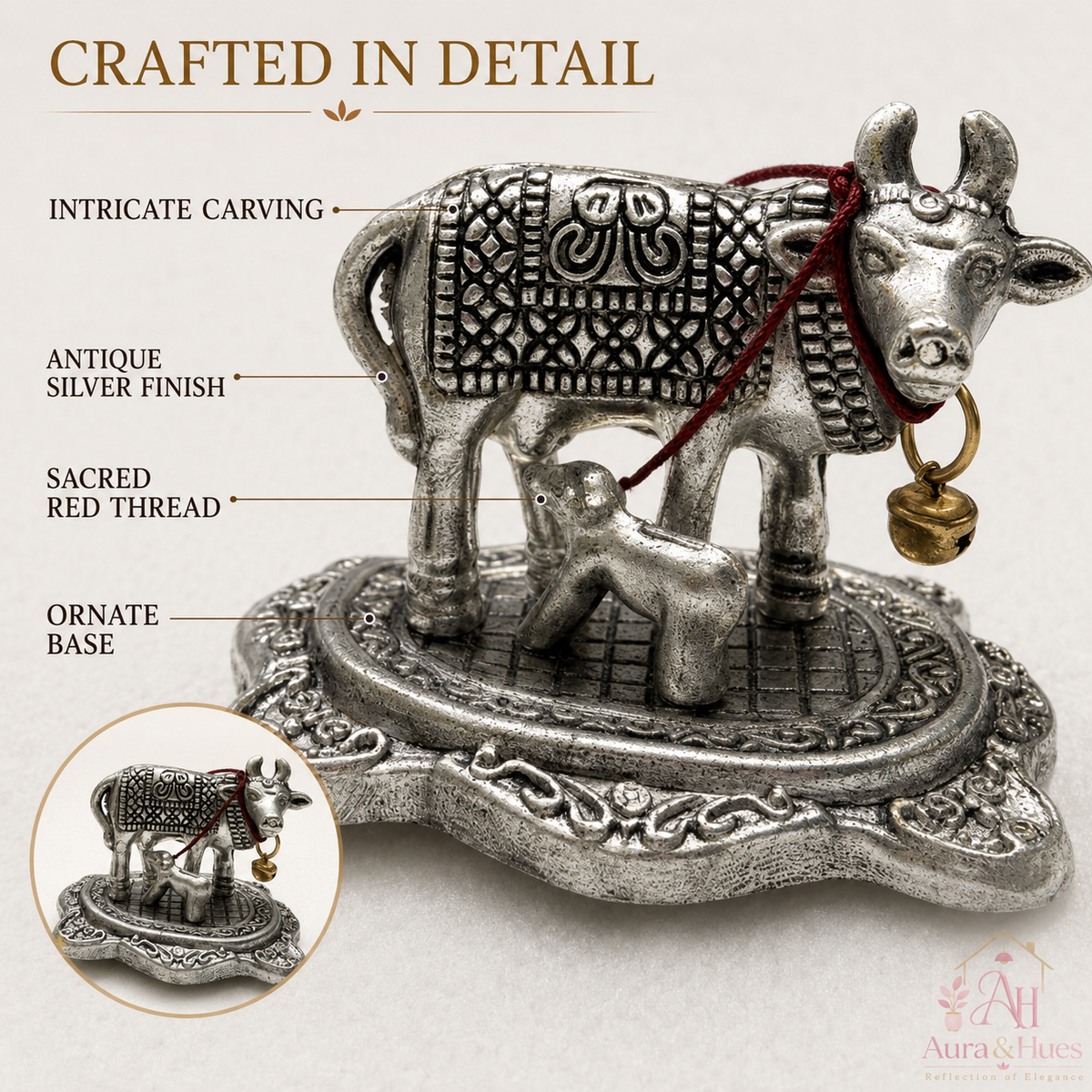 Aura & Hues Handcrafted Miniature Sacred Cow Figurine Brass Kamdhenu Idol for Home Temple Mandir and Spiritual Office Decor