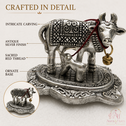 Aura & Hues Handcrafted Miniature Sacred Cow Figurine Brass Kamdhenu Idol for Home Temple Mandir and Spiritual Office Decor