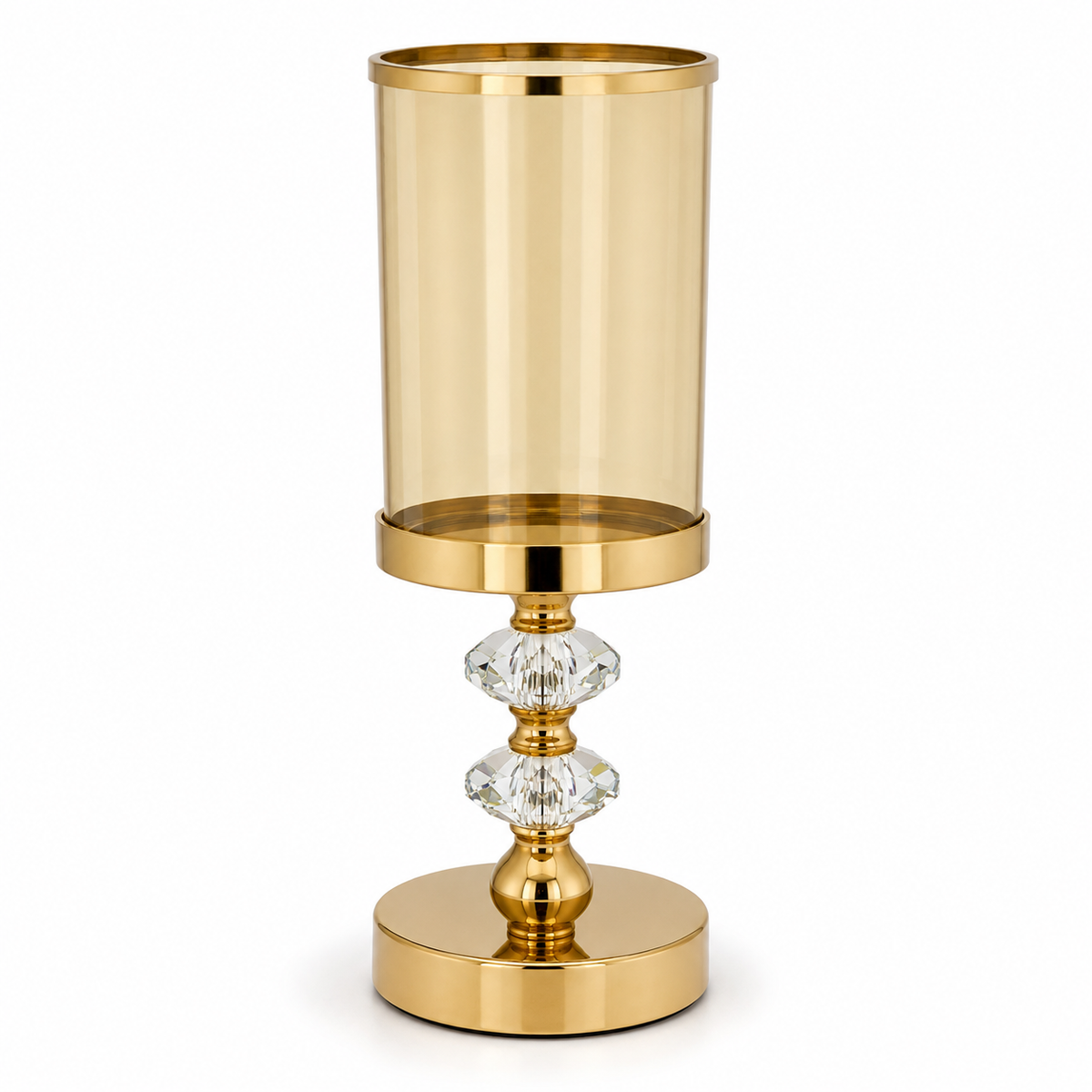 Aura & Hues Tall Luxurious Golden Metal and Faceted Crystal Candle Stand Grand Tabletop Pillar Candlestick for Dining and Events