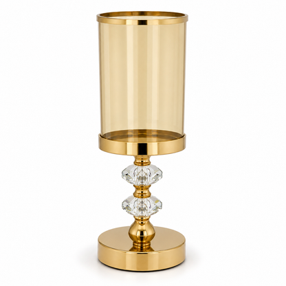 Aura & Hues Tall Luxurious Golden Metal and Faceted Crystal Candle Stand Grand Tabletop Pillar Candlestick for Dining and Events