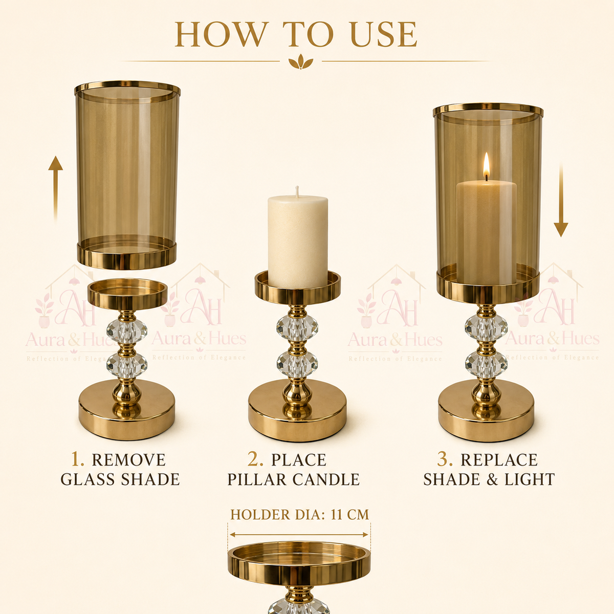 Aura & Hues Tall Luxurious Golden Metal and Faceted Crystal Candle Stand Grand Tabletop Pillar Candlestick for Dining and Events