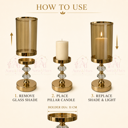 Aura & Hues Tall Luxurious Golden Metal and Faceted Crystal Candle Stand Grand Tabletop Pillar Candlestick for Dining and Events