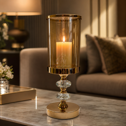 Aura & Hues Tall Luxurious Golden Metal and Faceted Crystal Candle Stand Grand Tabletop Pillar Candlestick for Dining and Events