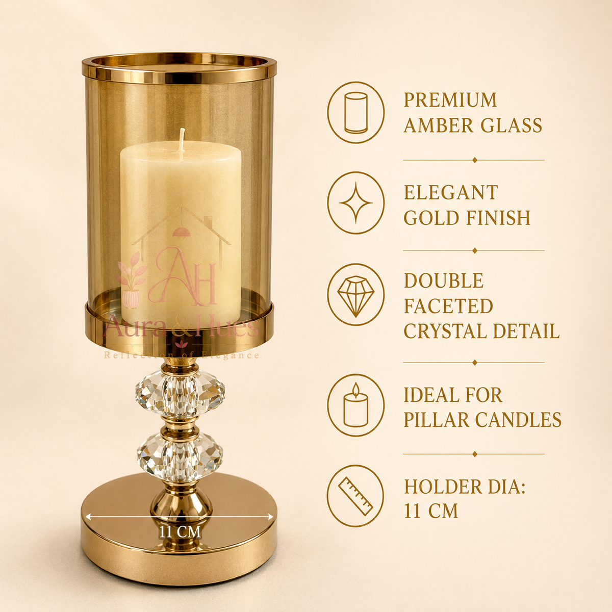 Aura & Hues Tall Luxurious Golden Metal and Faceted Crystal Candle Stand Grand Tabletop Pillar Candlestick for Dining and Events