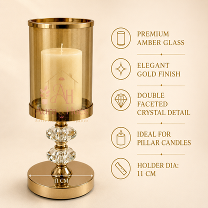 Aura & Hues Tall Luxurious Golden Metal and Faceted Crystal Candle Stand Grand Tabletop Pillar Candlestick for Dining and Events