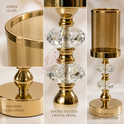 Aura & Hues Tall Luxurious Golden Metal and Faceted Crystal Candle Stand Grand Tabletop Pillar Candlestick for Dining and Events