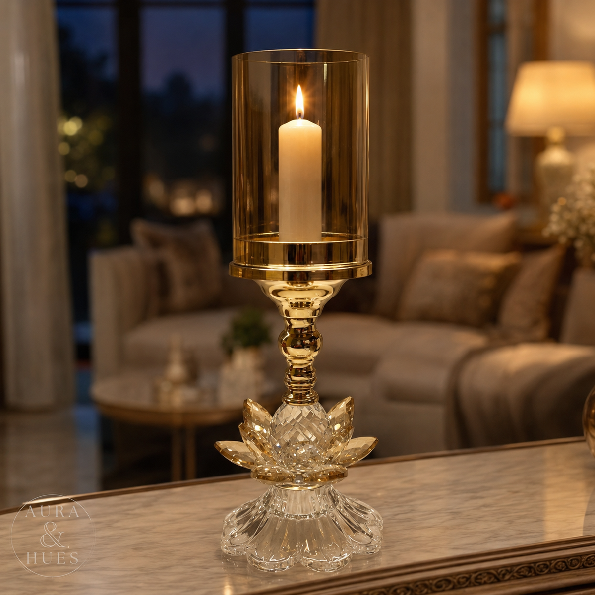 Aura & Hues Ornate Vintage Tall Golden Metal Candle Stand Handcrafted Taper Candlestick Holder for Dining Centerpiece and Mandir