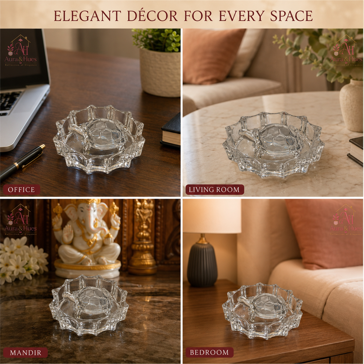 Aura & Hues Handcrafted Crystal Turtle Figurine Tortoise Statue for Feng Shui Vastu Good Luck Home Office Centerpiece Decor