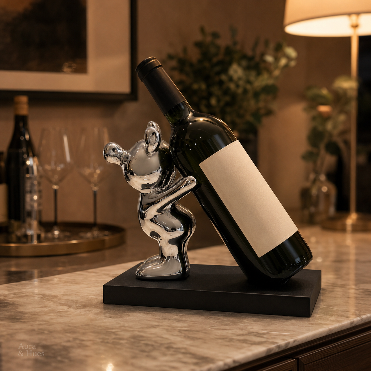 Aura & Hues Modern Artistic Decorative Wine Bottle Holder Stand Elegant Tabletop Wine Rack Sculpture for Dining Table and Bar Cabinet