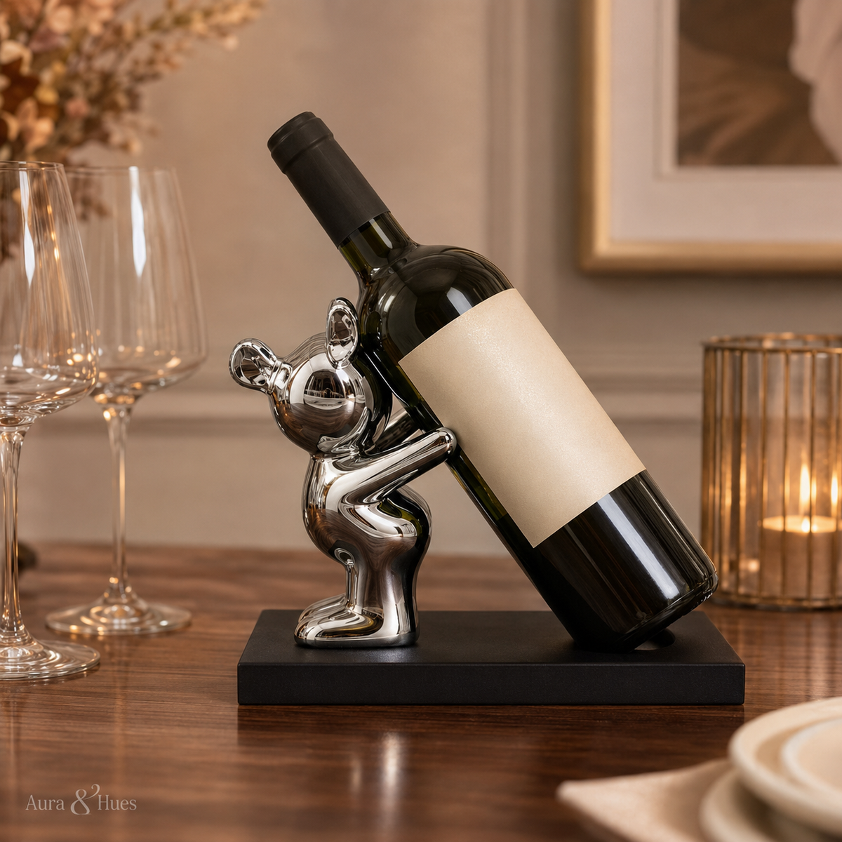 Aura & Hues Modern Artistic Decorative Wine Bottle Holder Stand Elegant Tabletop Wine Rack Sculpture for Dining Table and Bar Cabinet