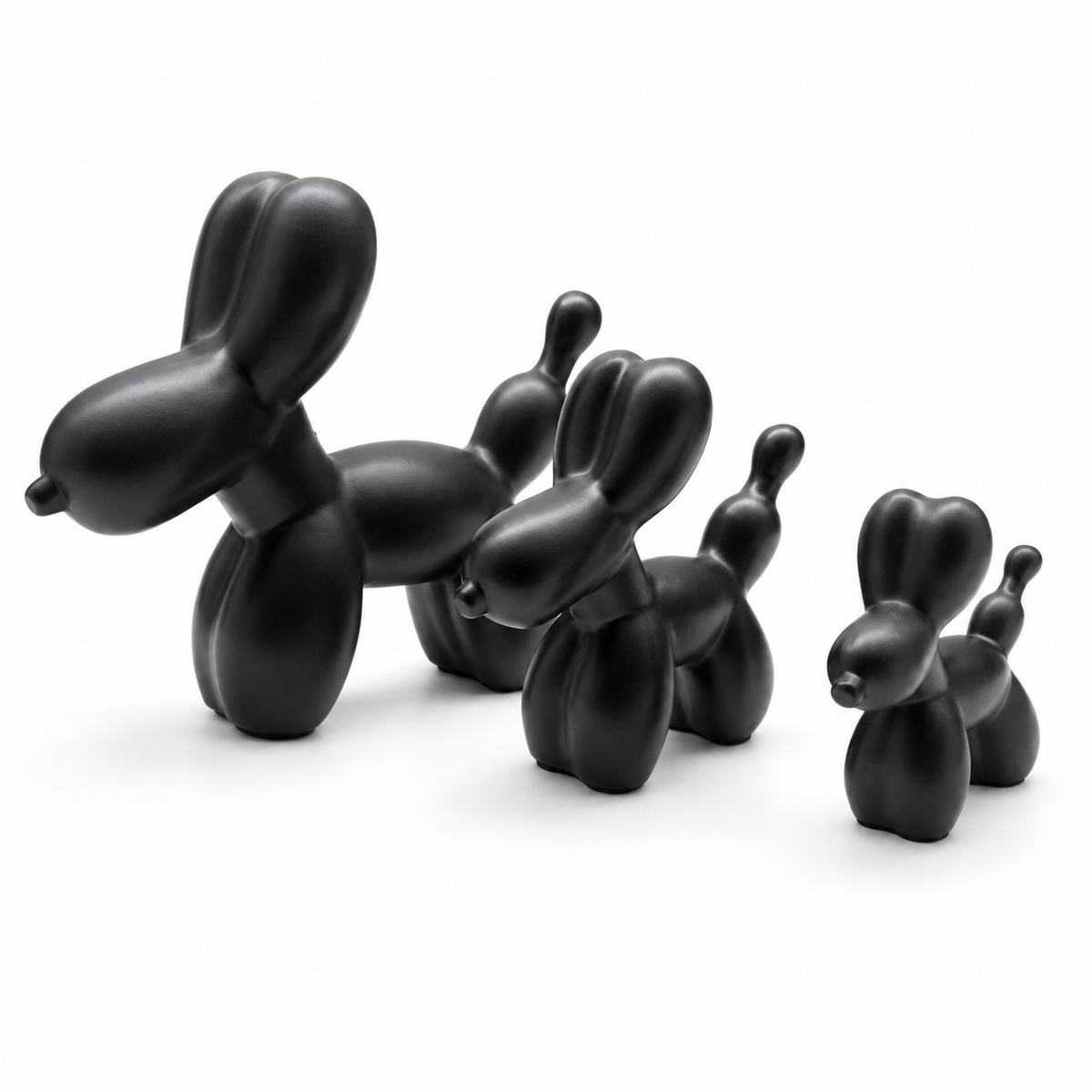 Aura & Hues Sleek Matte Black Balloon Dog Resin Figurines Set of 3 Contemporary Pop Art Statues for Office Shelf and Living Room