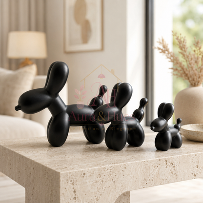 Aura & Hues Sleek Matte Black Balloon Dog Resin Figurines Set of 3 Contemporary Pop Art Statues for Office Shelf and Living Room