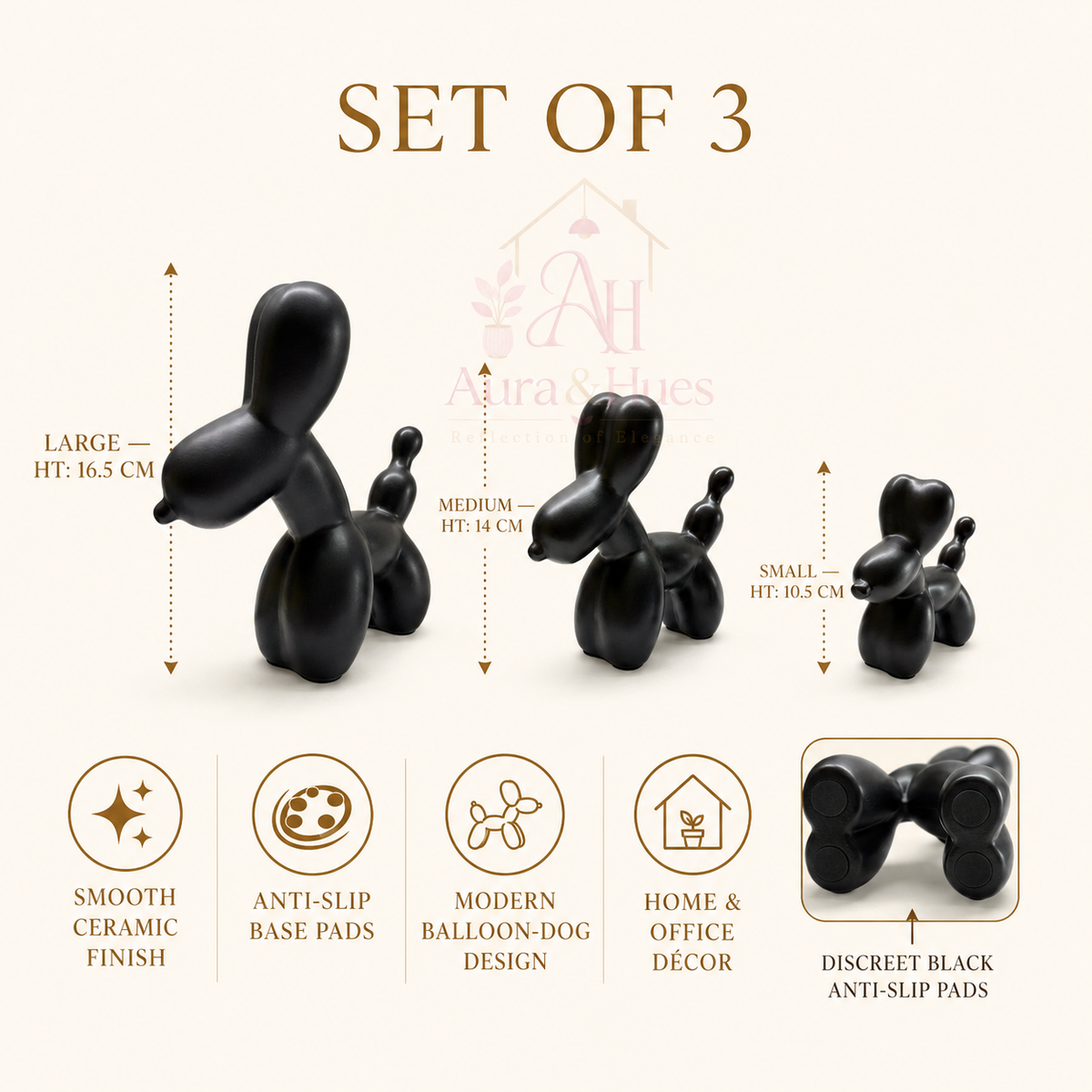 Aura & Hues Sleek Matte Black Balloon Dog Resin Figurines Set of 3 Contemporary Pop Art Statues for Office Shelf and Living Room