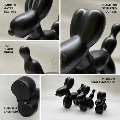 Aura & Hues Sleek Matte Black Balloon Dog Resin Figurines Set of 3 Contemporary Pop Art Statues for Office Shelf and Living Room