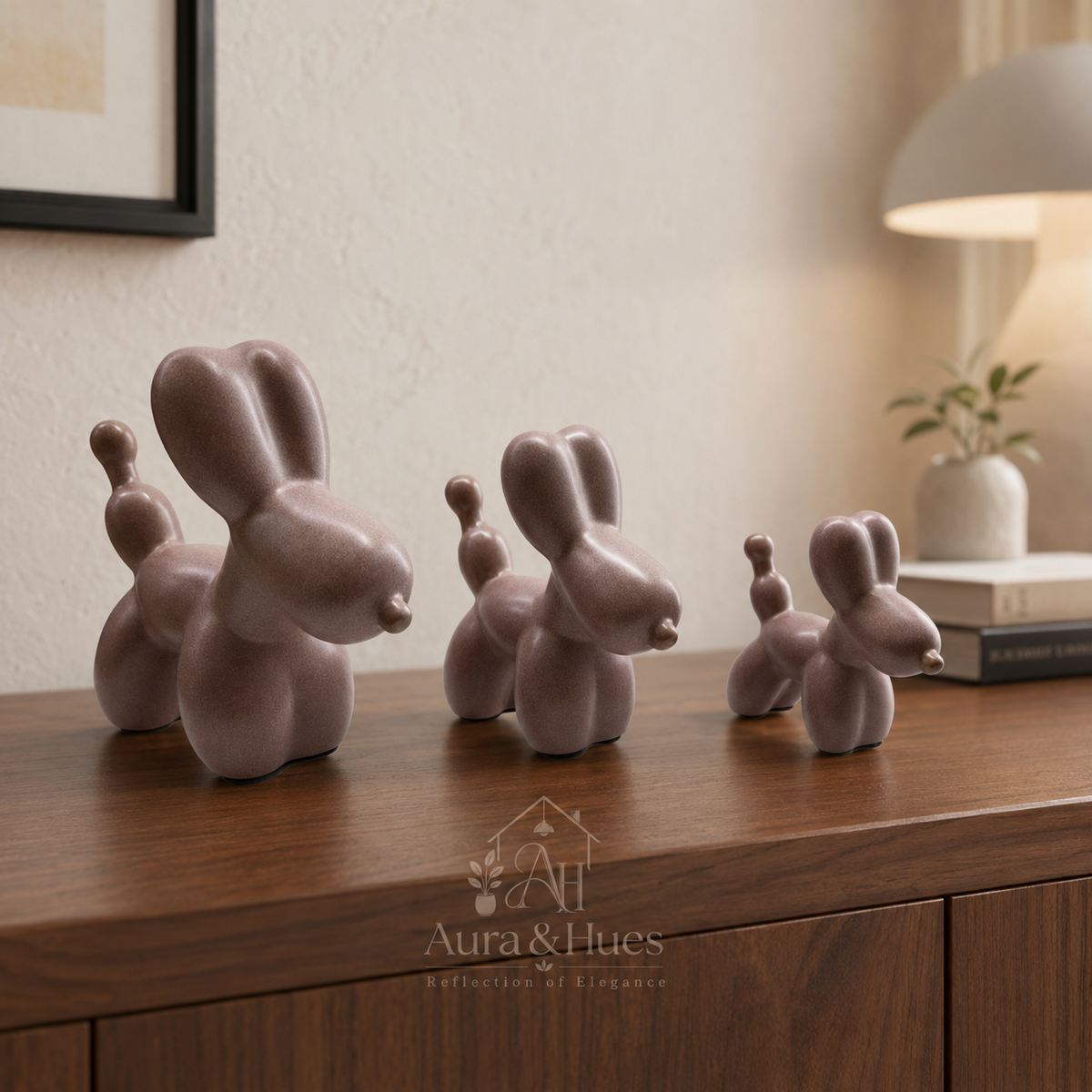 Aura & Hues Whimsical Pink Balloon Dog Resin Figurines Set of 3 Playful Modern Pop Art Sculptures for Bookshelf and Desk Decor