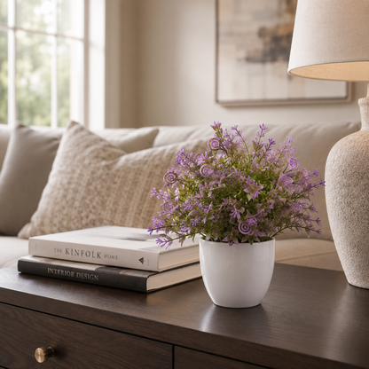 Aura & Hues Artificial Lavender Floral Pot | Decorative Tabletop Plant with White Ceramic Pot