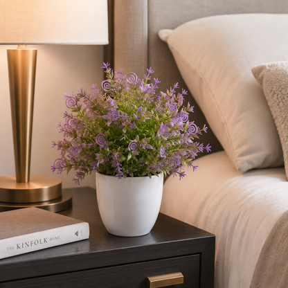 Aura & Hues Artificial Lavender Floral Pot | Decorative Tabletop Plant with White Ceramic Pot