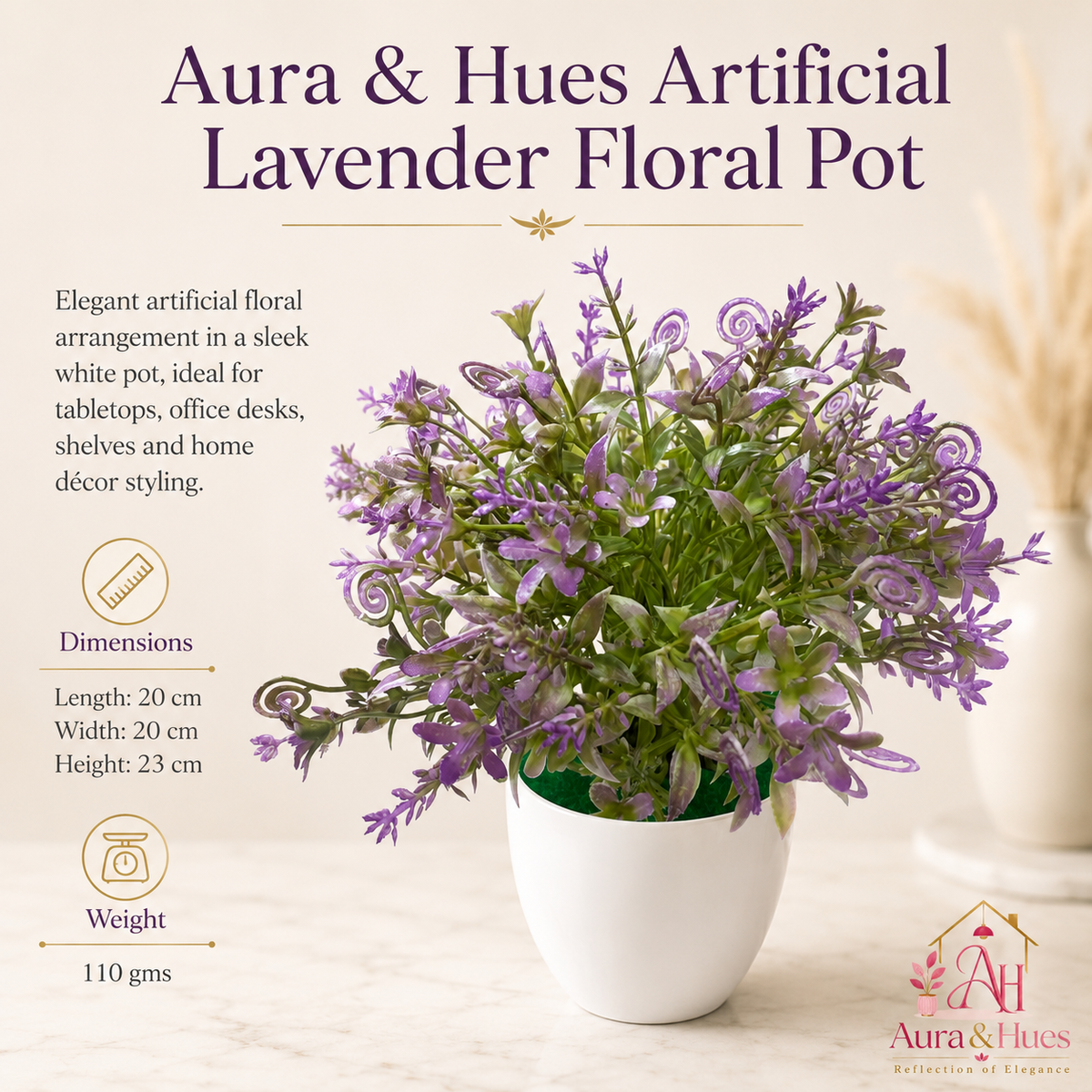 Aura & Hues Artificial Lavender Floral Pot | Decorative Tabletop Plant with White Ceramic Pot