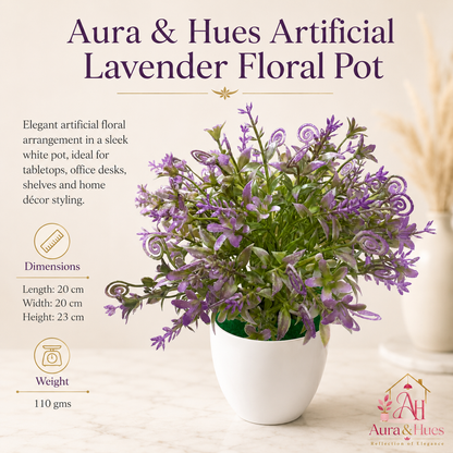 Aura & Hues Artificial Lavender Floral Pot | Decorative Tabletop Plant with White Ceramic Pot